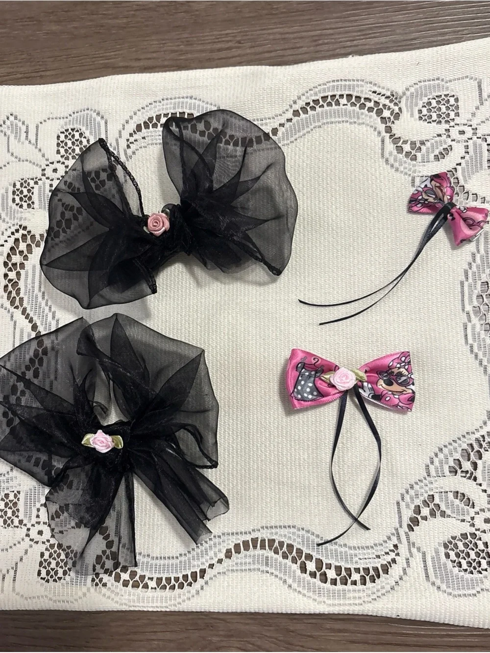 Kids Hair Bow Set - Black Organza Bows with Pink Rose Print Accents